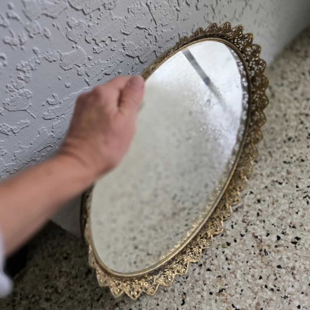 Vintage Hollywood Regency Vanity Mirror Tray Gold Tine Edge Oval 16x11.5